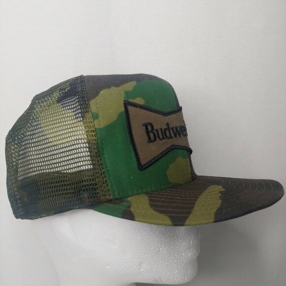 Budweiser Beer Cap Hat Camouflage Green Snap Back Trucker Vintage USA Hunting - Picture 5 of 9